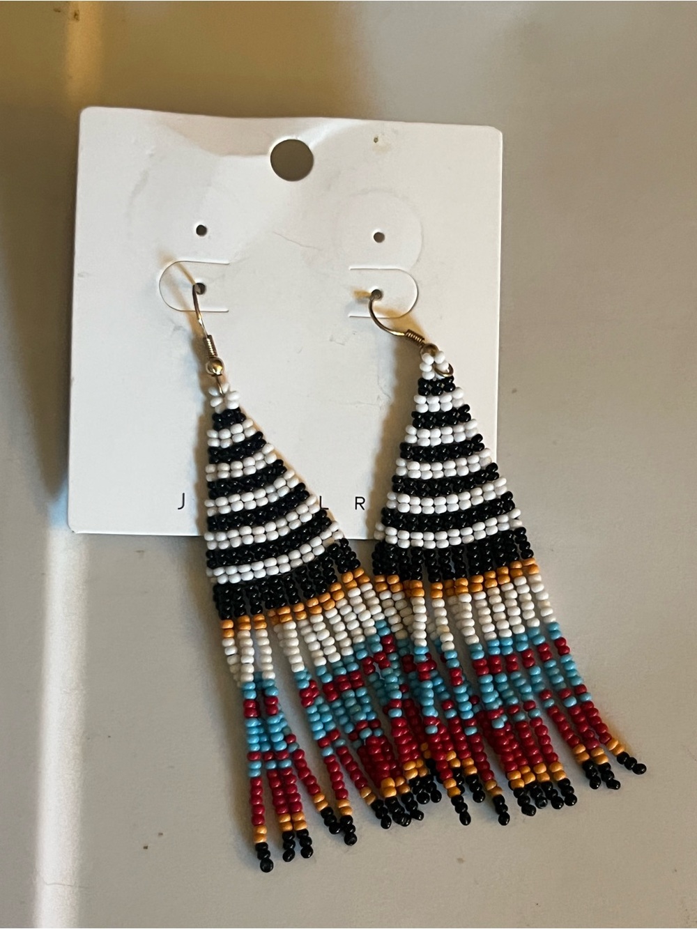 Plunder Handmade Beaded Fringe Earrings - Black, White, Red, Turquoise & Gold